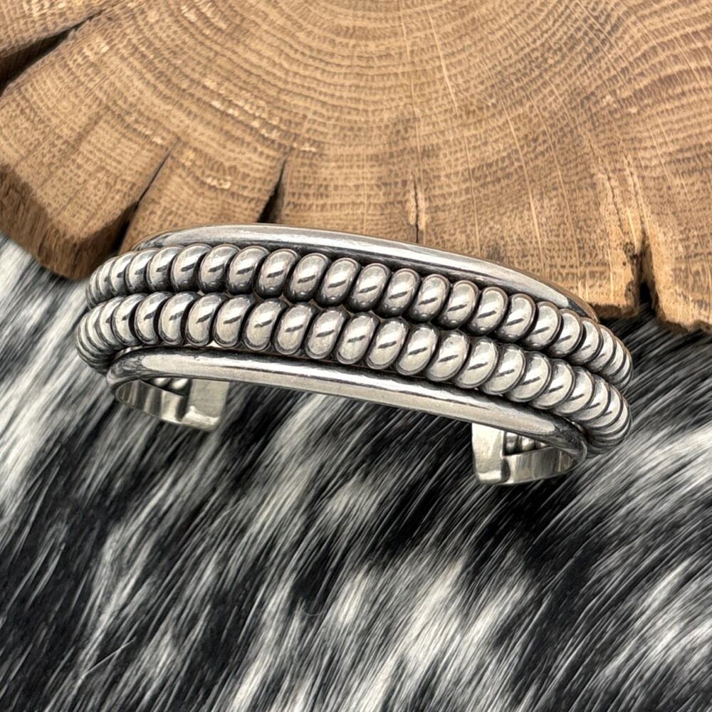 1990s Native American NAVAJO Sterling Silver Double Row Twist Wire Cuff Bracelet